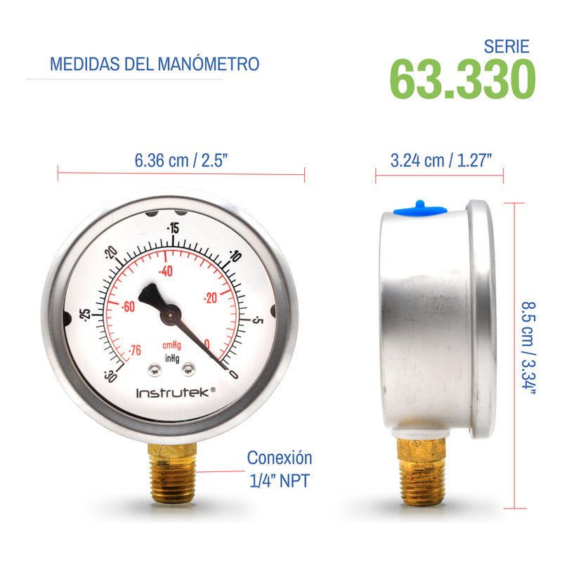 Vacuómetro Con Glicerina 2.5 PLG , -30 Inhg (equipos Vacío)