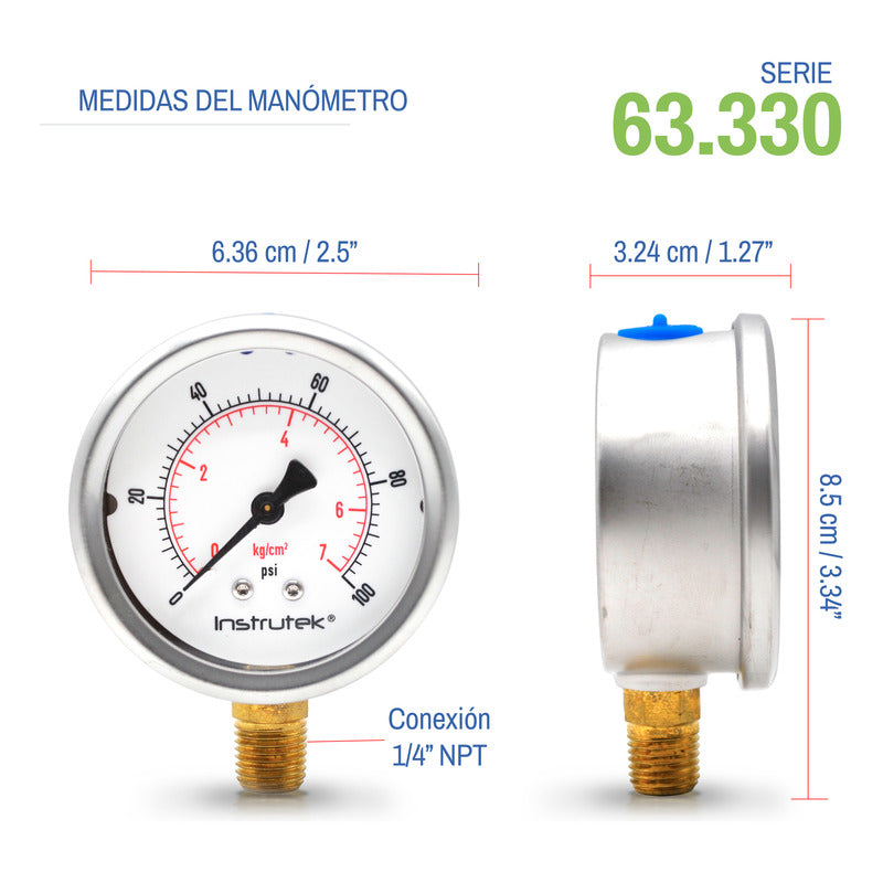 Manómetro P/ Sistema De Riego C/glicerina 2.5 PLG, 100 Psi