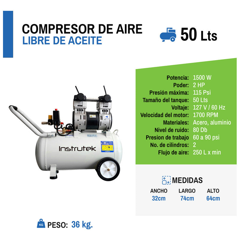 Compresor Dental Libre De Aceite 2 Hp Tanque 50 Lts