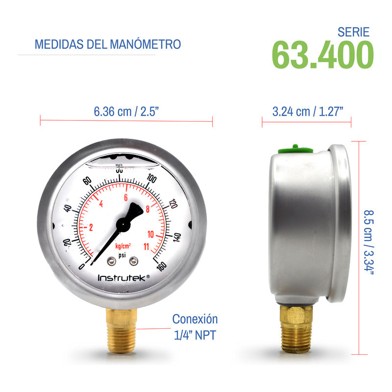 Manómetro Premium Inox Glicerina Carátula 2.5 PLG, 160 Psi