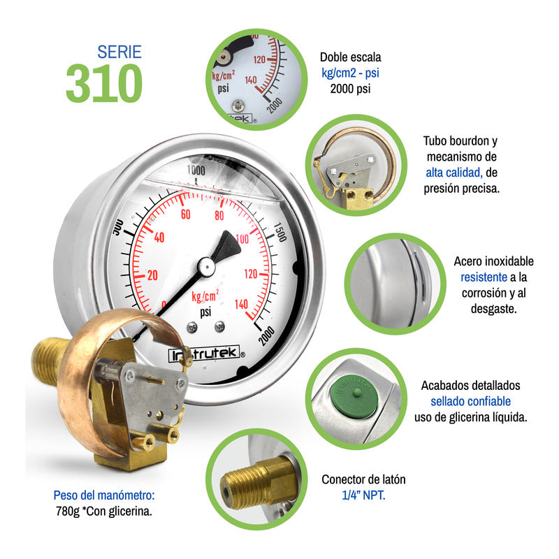 Manómetro Inox Alta Presión Glicerina 4 PLG, 2000 Psi