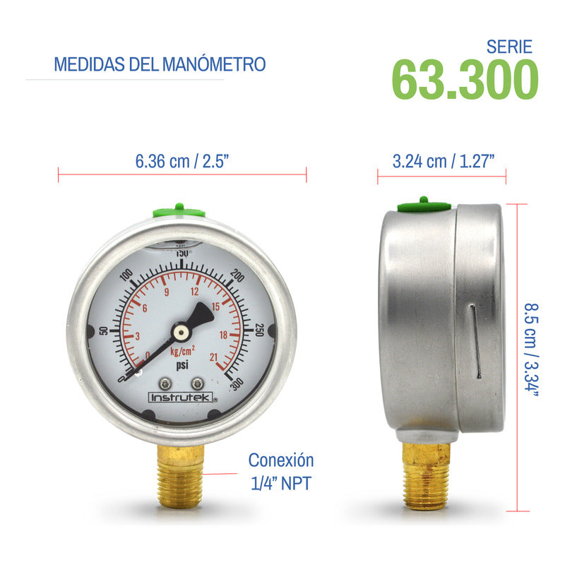 Manómetro Inox Glicerina 2.5 PLG , 300 Psi (aire, Agua)