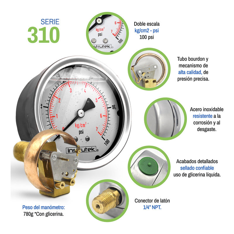 Manómetro Inox Glicerina 4 PLG, 100 Psi (aire, Agua)