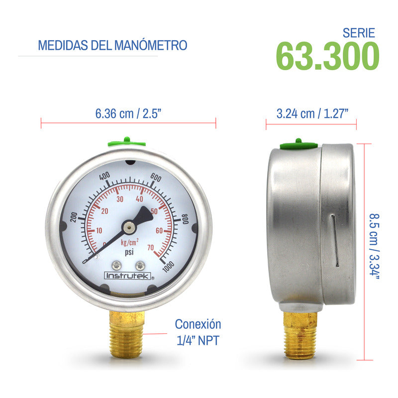 Manómetro Inox Alta Presión Glicerina 2.5 PLG, 1000 Psi