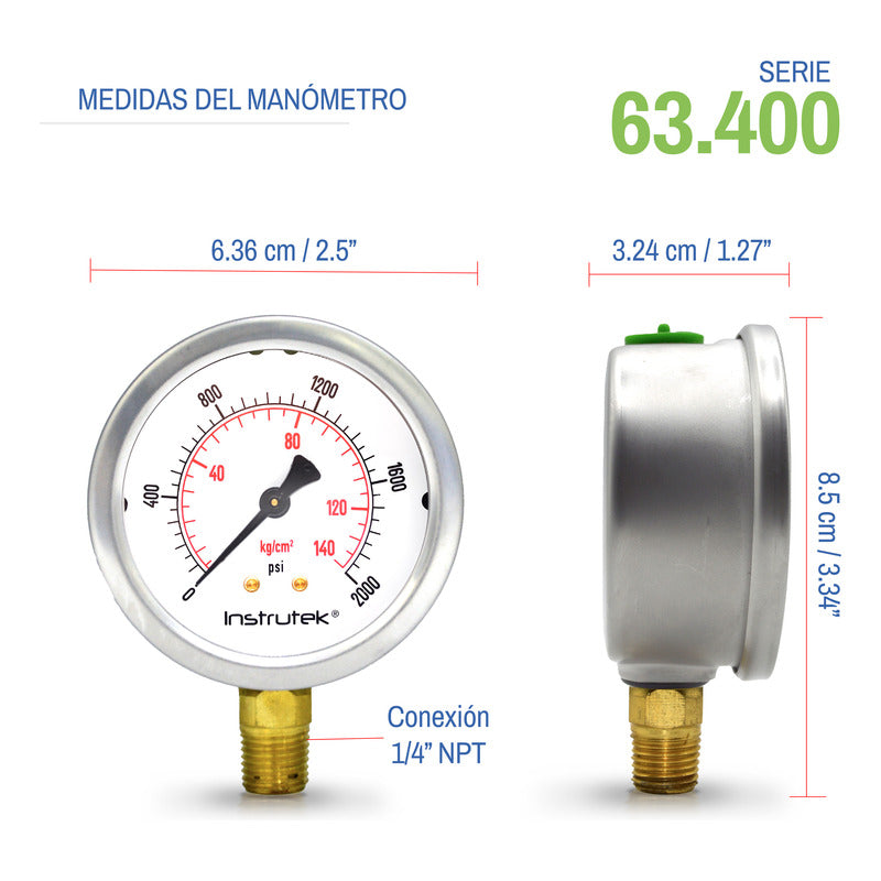 Manómetro Premium Alta Presión Glicerina 2.5 PLG, 2000 Psi