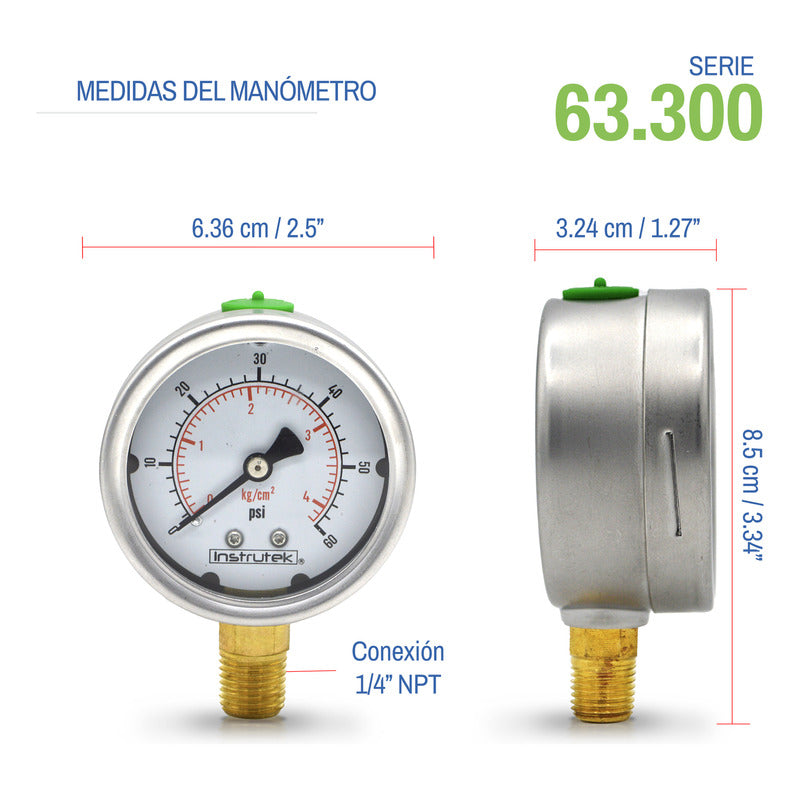 Manómetro Inox Glicerina 2.5 PLG , 60 Psi (aire, Agua)