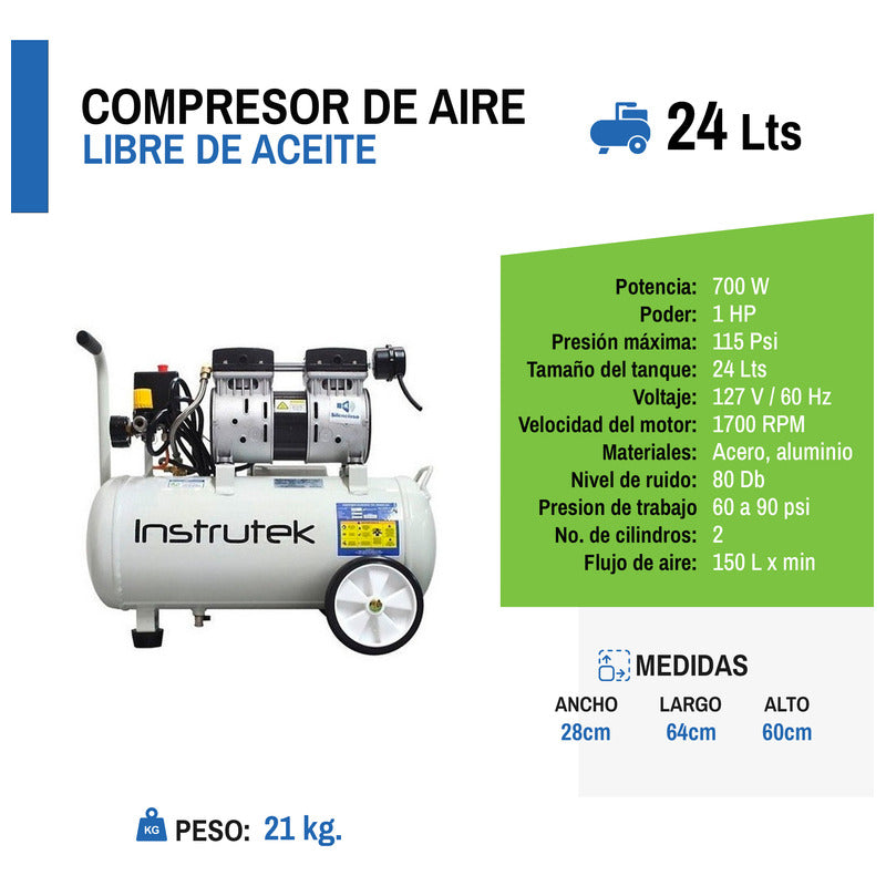 Compresor Dental Libre De Aceite 1 Hp Tanque 24 Lts