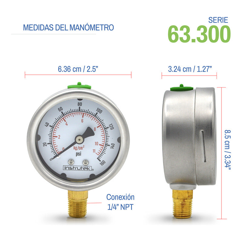 Manómetro Inox Glicerina 2.5 PLG , 160 Psi (aire, Agua)