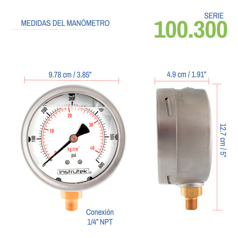 Manómetro Inox Glicerina 4 PLG, 600 Psi (aire, Agua)