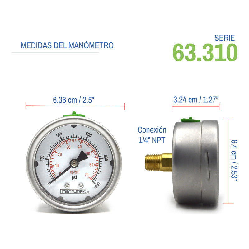 Manómetro Inox Alta Presión Glicerina 2.5 PLG, 1000 Psi