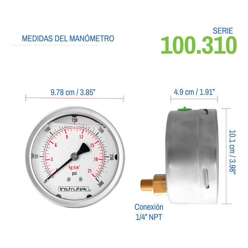 Manómetro Inox Glicerina 4 PLG, 300 Psi (aire, Agua)