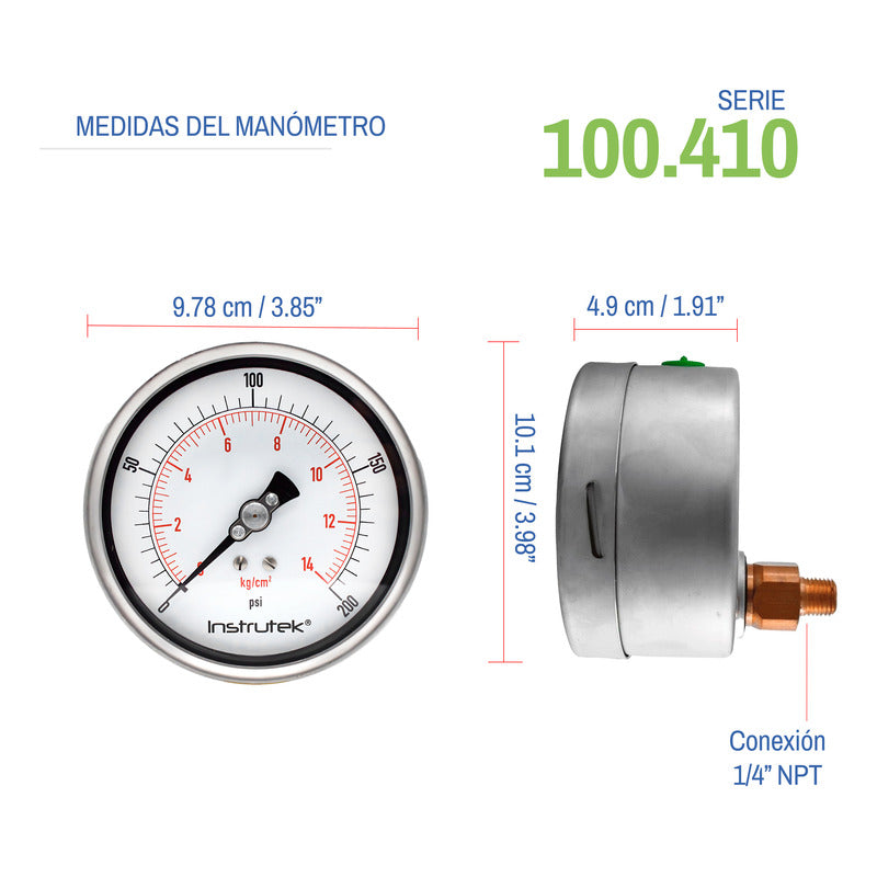 Manómetro Premium Inox Glicerina Carátula 4 PLG , 200 Psi