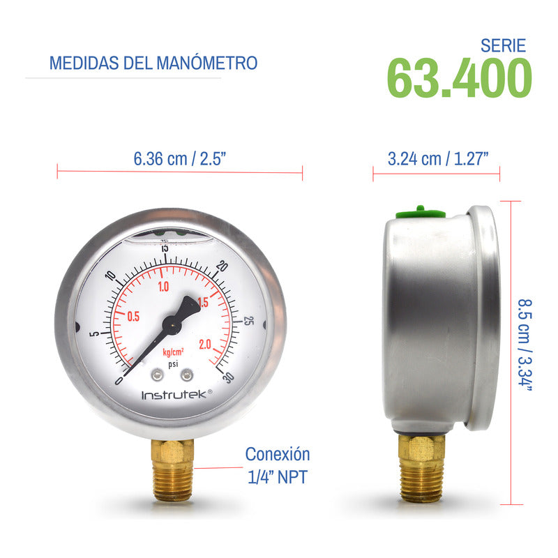 Manómetro Premium Inox Glicerina Carátula 2.5 PLG, 30 Psi