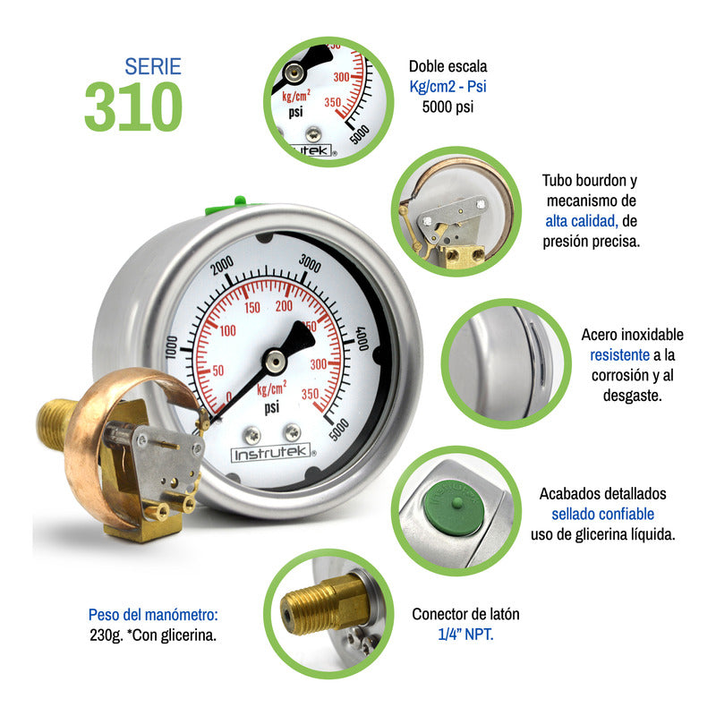 Manómetro Inox Alta Presión Glicerina 2.5 PLG, 5000 Psi