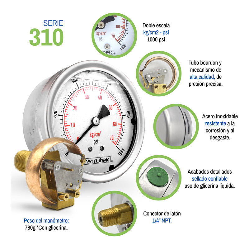 Manómetro Inox Alta Presión Glicerina 4 PLG, 1000 Psi