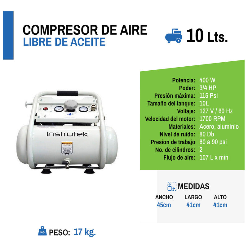 Compresor Dental Libre De Aceite 3/4 Hp Tanque 10 Lt