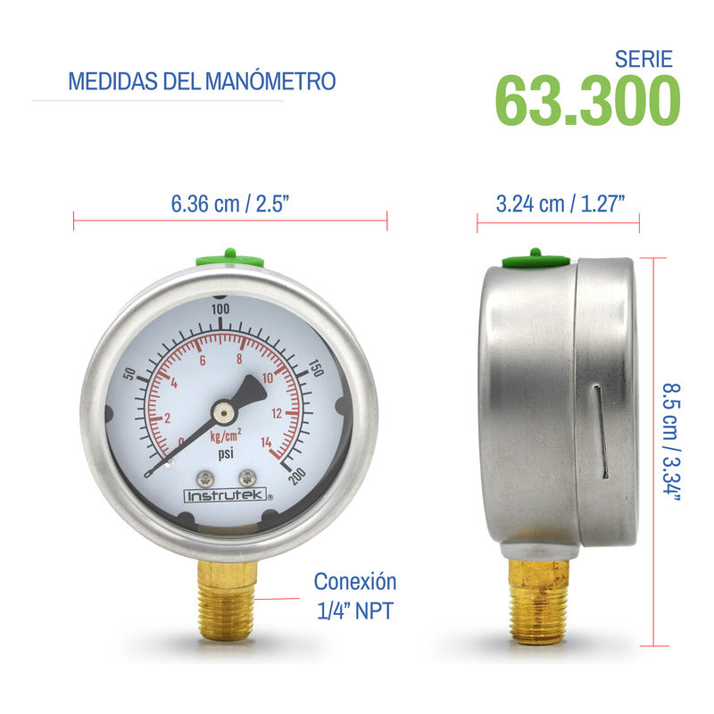 Manómetro Inox Glicerina 2.5 PLG , 200 Psi (aire, Agua)