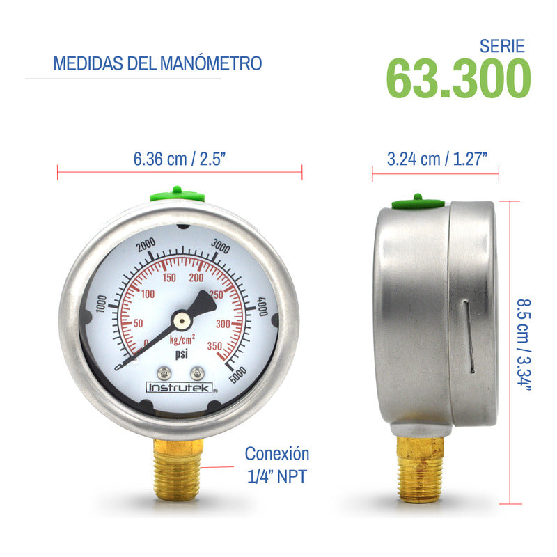 Manómetro Inox Alta Presión Glicerina 2.5 PLG, 5000 Psi