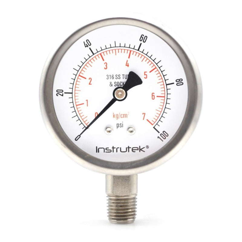 Stainless steel Glycerin pressure gauge 2.5 PLG, 0 to 100 Psi, 1/4 connection