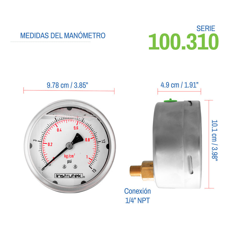 Manómetro Inox Glicerina 4 PLG, 15 Psi (aire, Agua)