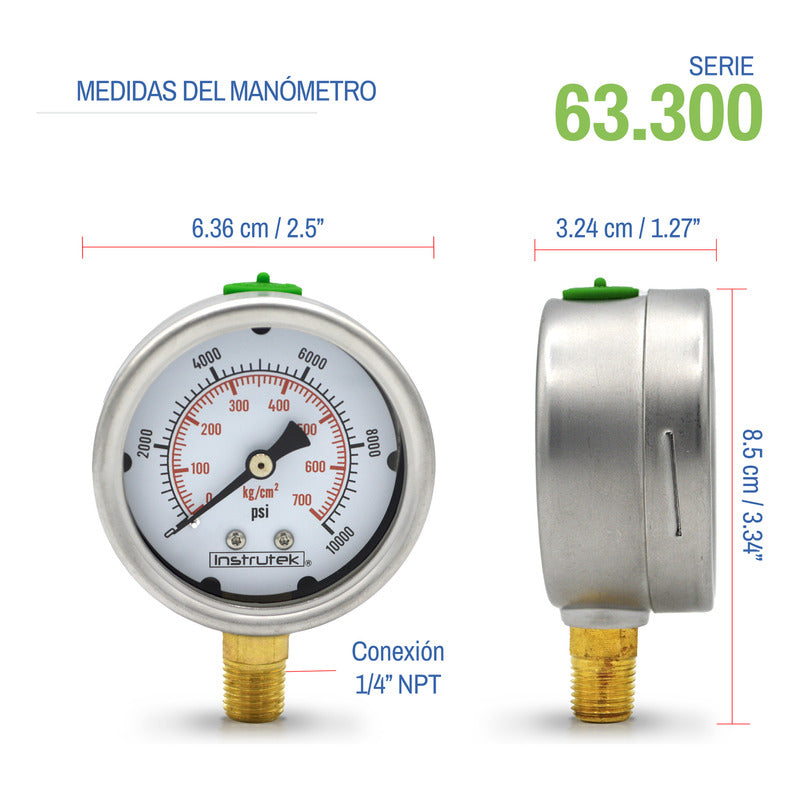 Manómetro Inox Alta Presión Glicerina 2.5 PLG, 10000 Psi