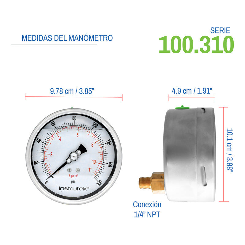 Manómetro Inox Glicerina 4 PLG, 160 Psi (aire, Agua)