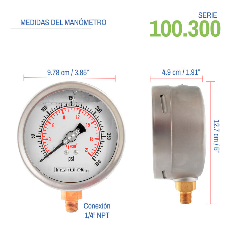 Manómetro Inox Glicerina 4 PLG, 300 Psi (aire, Agua)