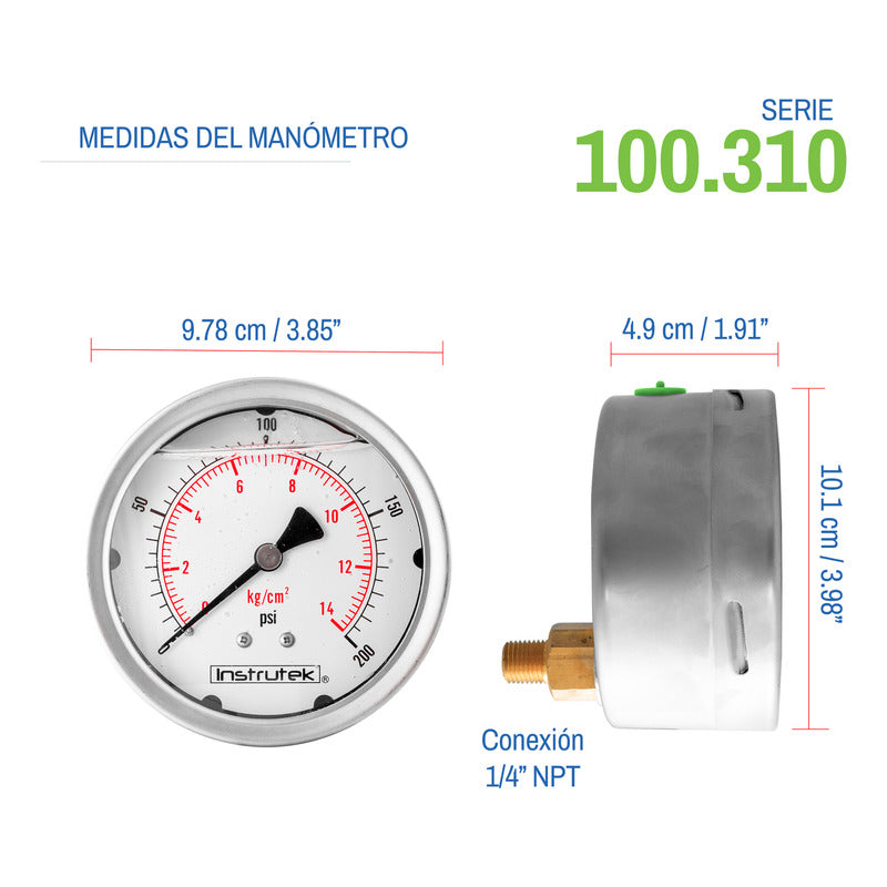 Manómetro Inox Glicerina 4 PLG, 200 Psi (aire, Agua)