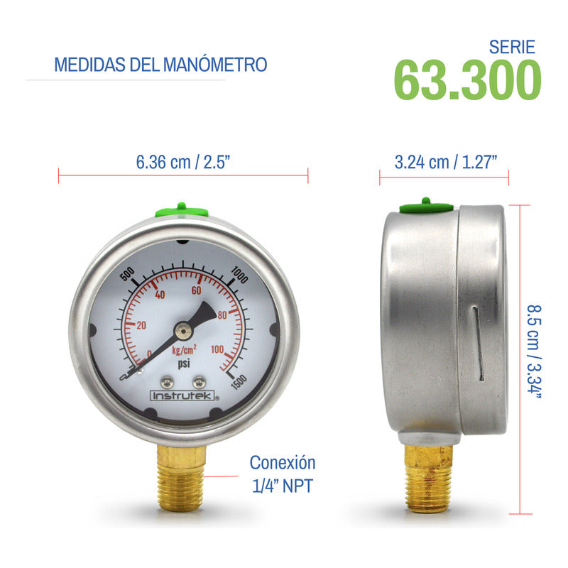 Manómetro Inox Alta Presión Glicerina 2.5 PLG, 1500 Psi