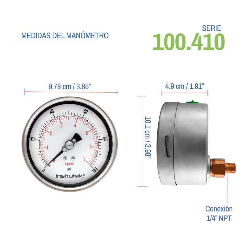 Manómetro Premium Inox Glicerina Carátula 4 PLG , 100 Psi