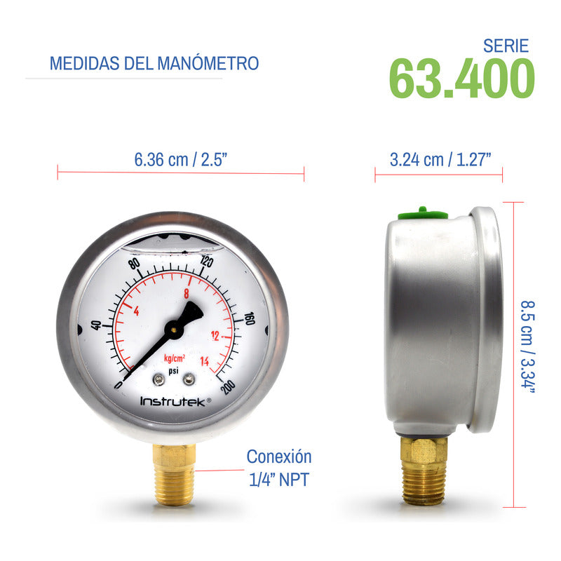 Manómetro Premium Inox Glicerina Carátula 2.5 PLG, 200 Psi