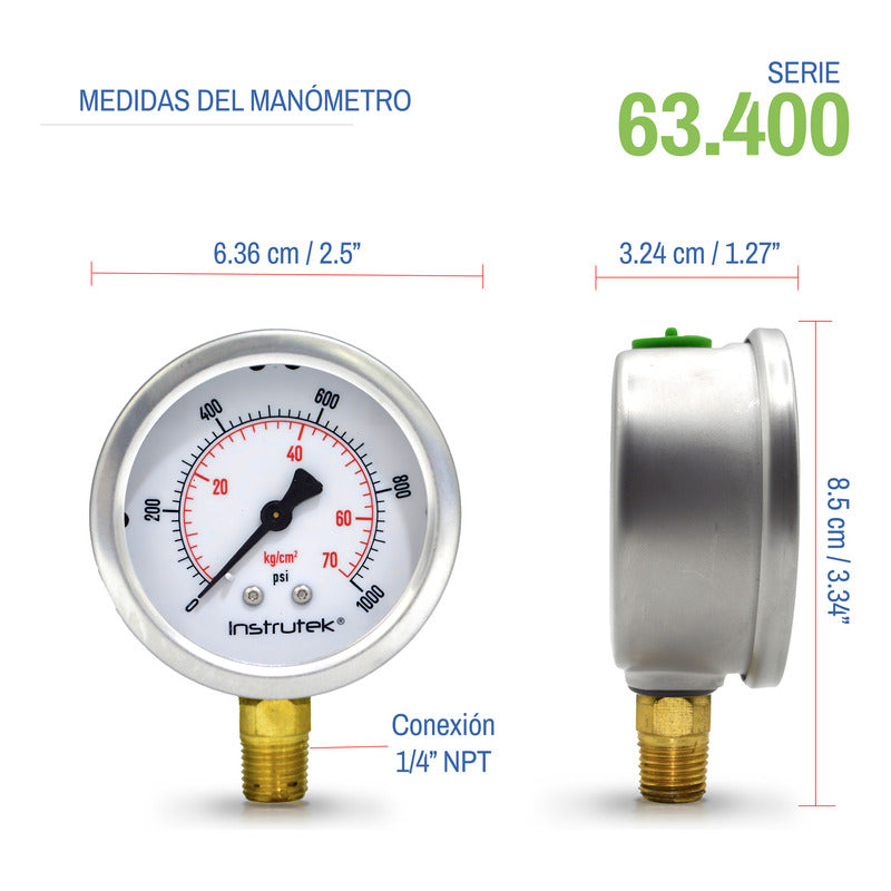 Manómetro Premium Alta Presión Glicerina 2.5 PLG, 1000 Psi