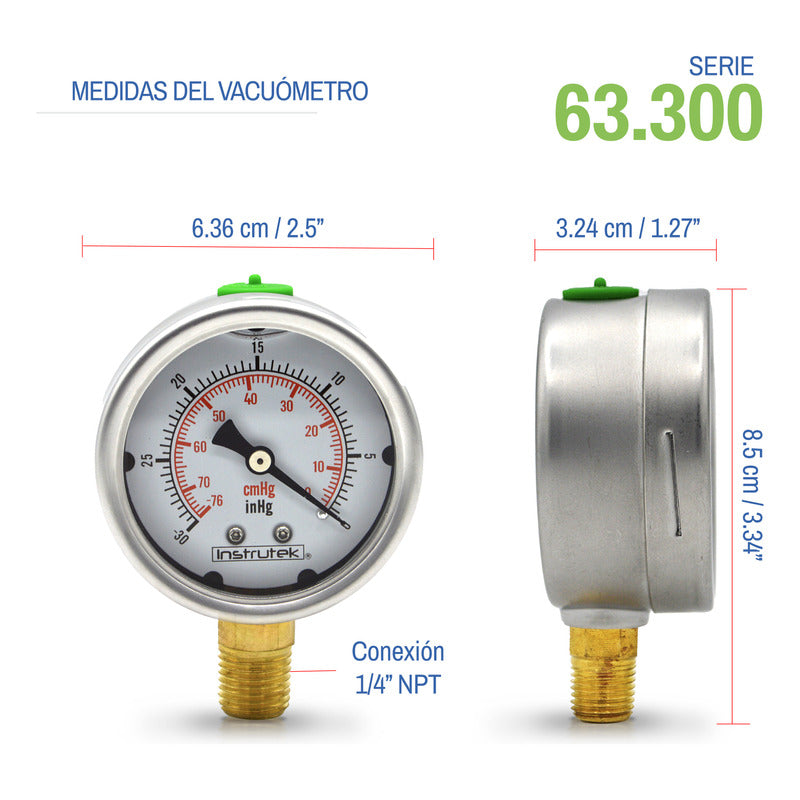 Vacuómetro Glicerina 2.5 PLG , -30 Inhg (eq. Ordeña Y Vacío)