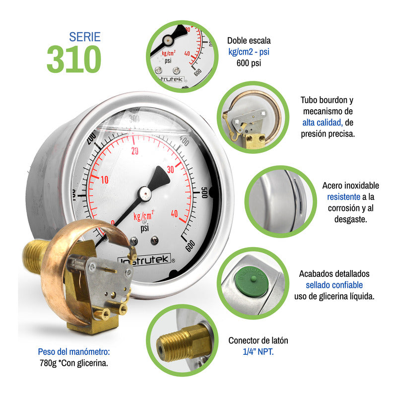 Manómetro Inox Glicerina 4 PLG, 600 Psi (aire, Agua)