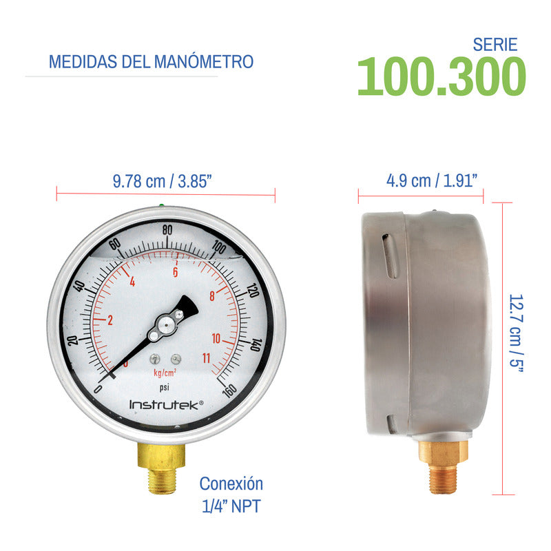 Manómetro Inox Glicerina 4 PLG, 160 Psi (aire, Agua)