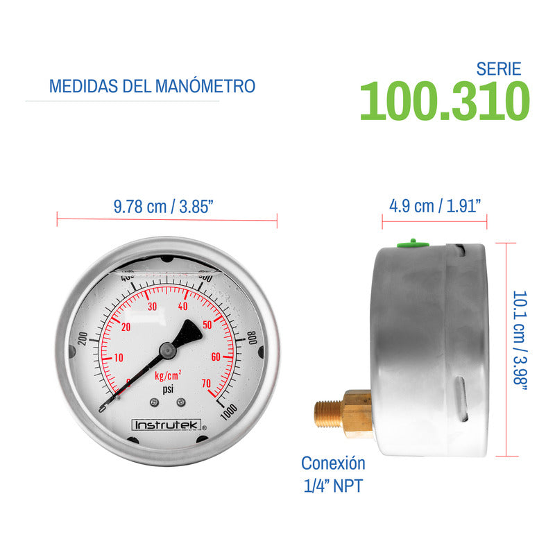 Manómetro Inox Alta Presión Glicerina 4 PLG, 1000 Psi