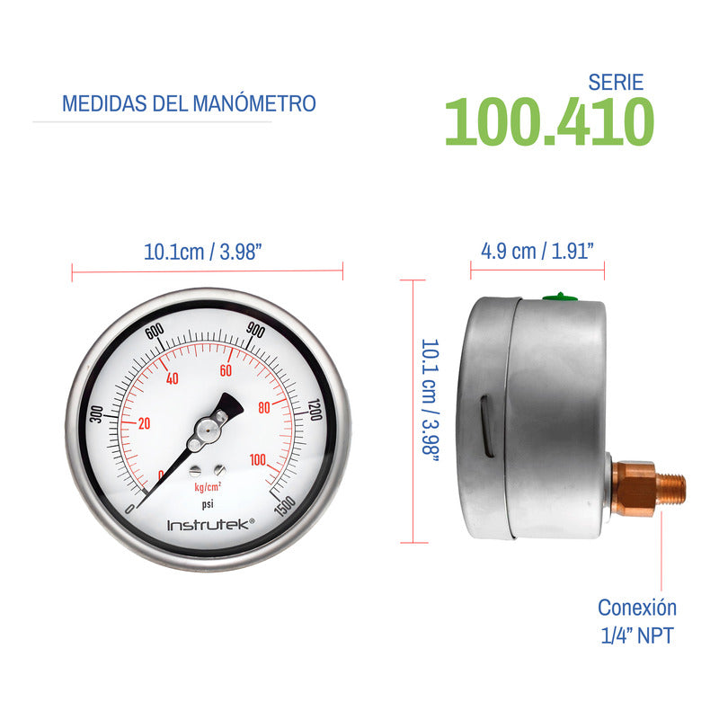 Manómetro Premium Alta Presión Glicerina 4 PLG, 1500 Psi