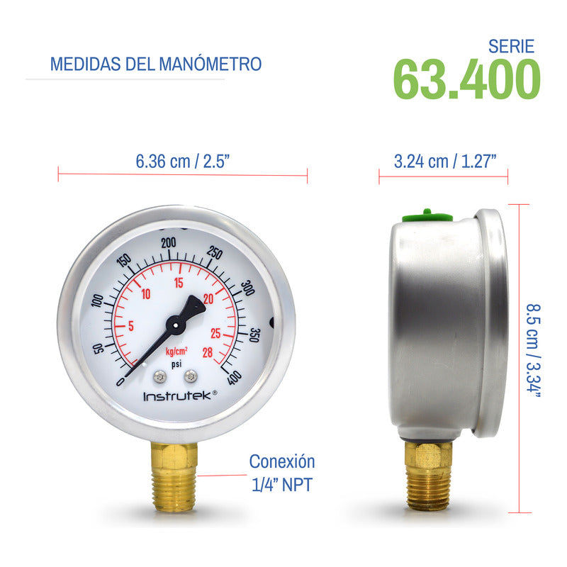 Manómetro Premium Inox Glicerina Carátula 2.5 PLG, 400 Psi