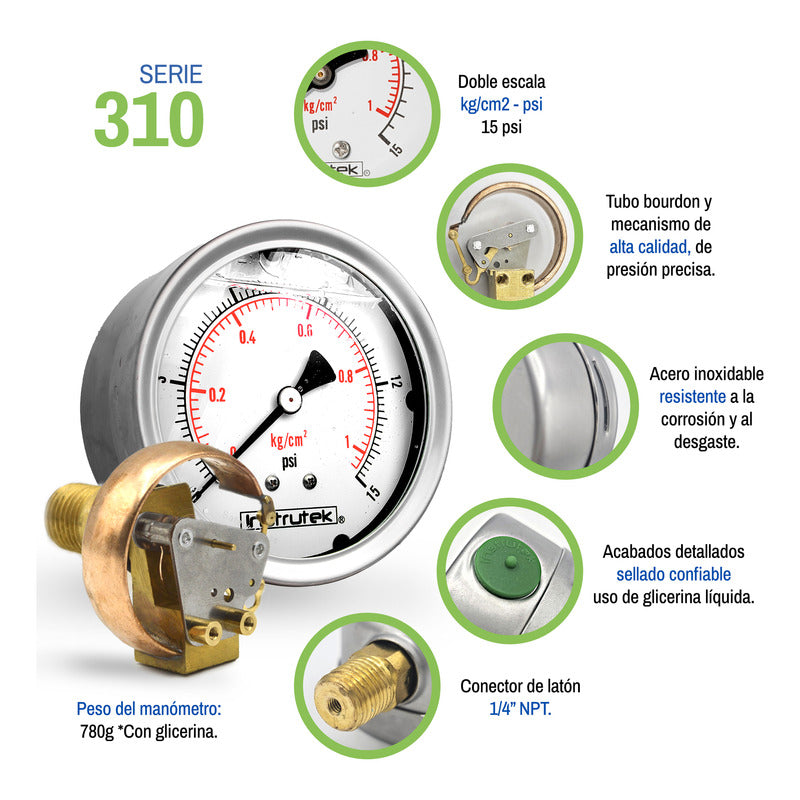 Manómetro Inox Glicerina 4 PLG, 15 Psi (aire, Agua)