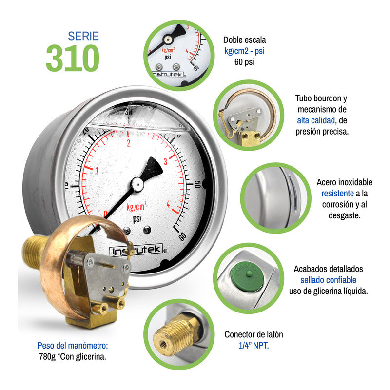 Manómetro Inox Glicerina 4 PLG, 60 Psi (aire, Agua)