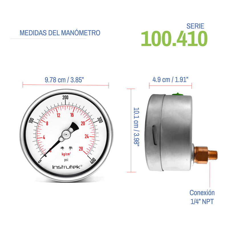 Manómetro Premium Inox Glicerina Carátula 4 PLG , 400 Psi