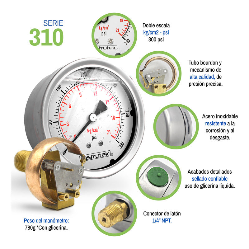 Manómetro Inox Glicerina 4 PLG, 300 Psi (aire, Agua)