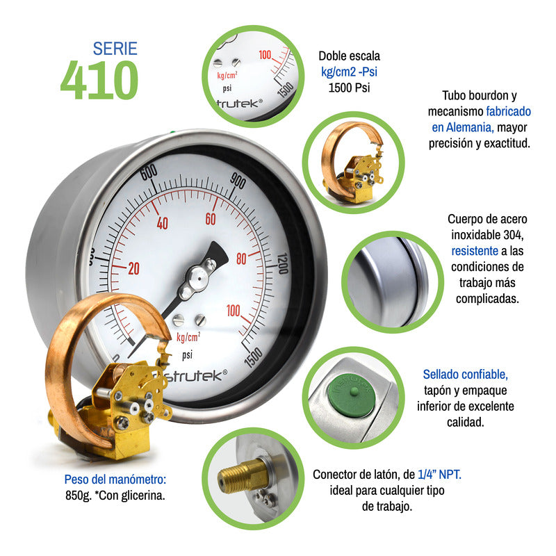 Manómetro Premium Alta Presión Glicerina 4 PLG, 1500 Psi