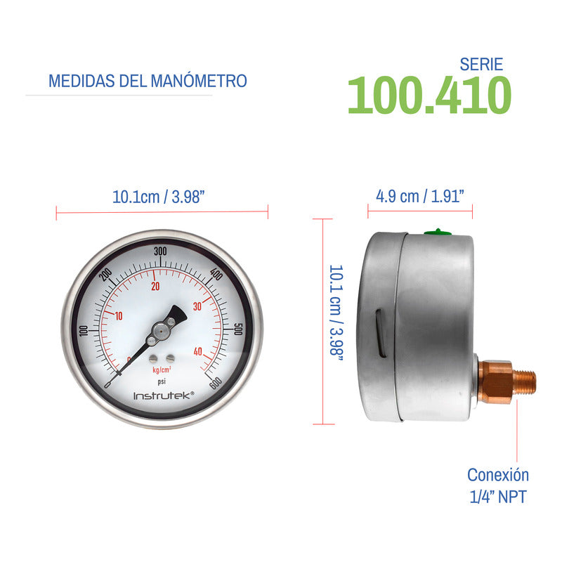 Manómetro Premium Inox Glicerina Carátula 4 PLG , 600 Psi