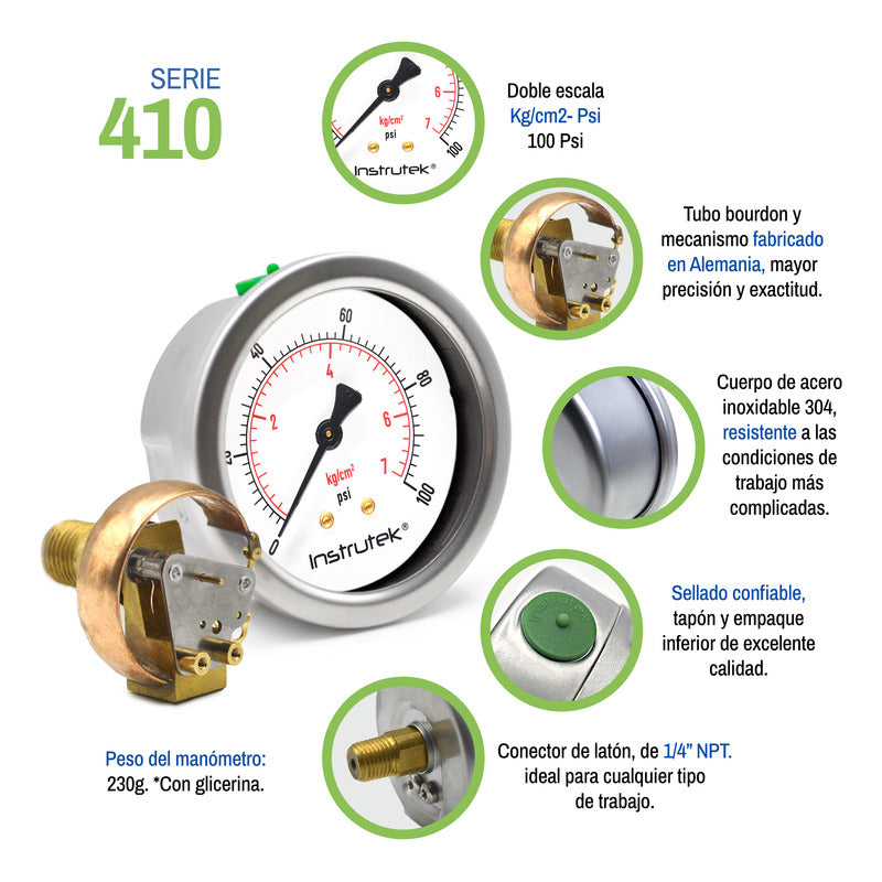 Manómetro Premium Inox Glicerina 2.5 PLG, 100 Psi