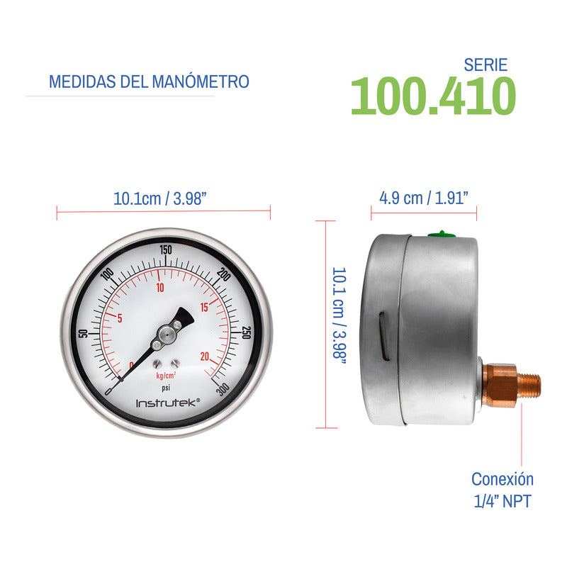 Manómetro Premium Inox Glicerina Carátula 4 PLG , 300 Psi