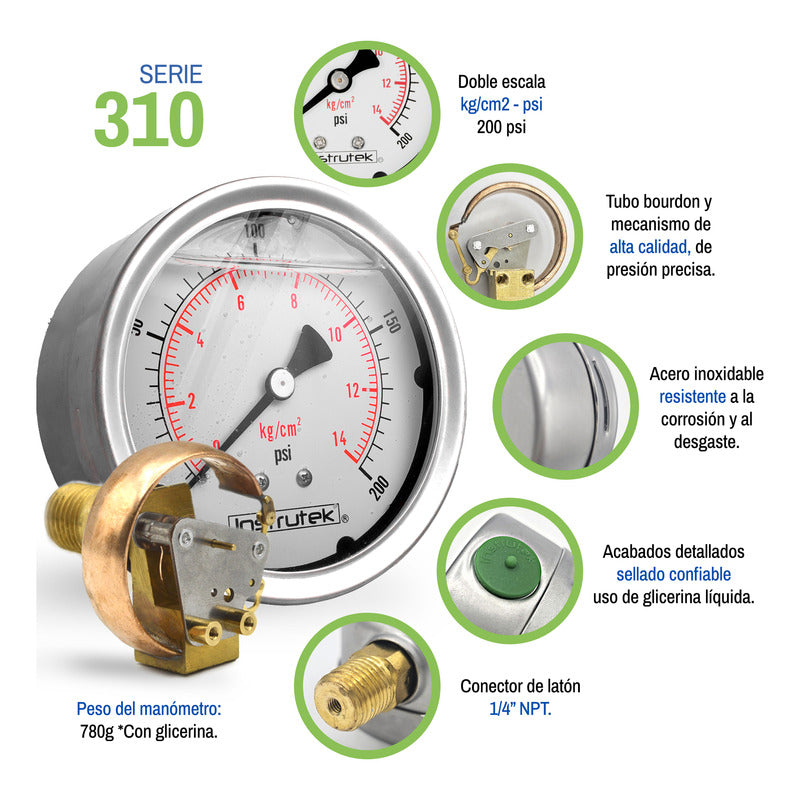 Manómetro Inox Glicerina 4 PLG, 200 Psi (aire, Agua)