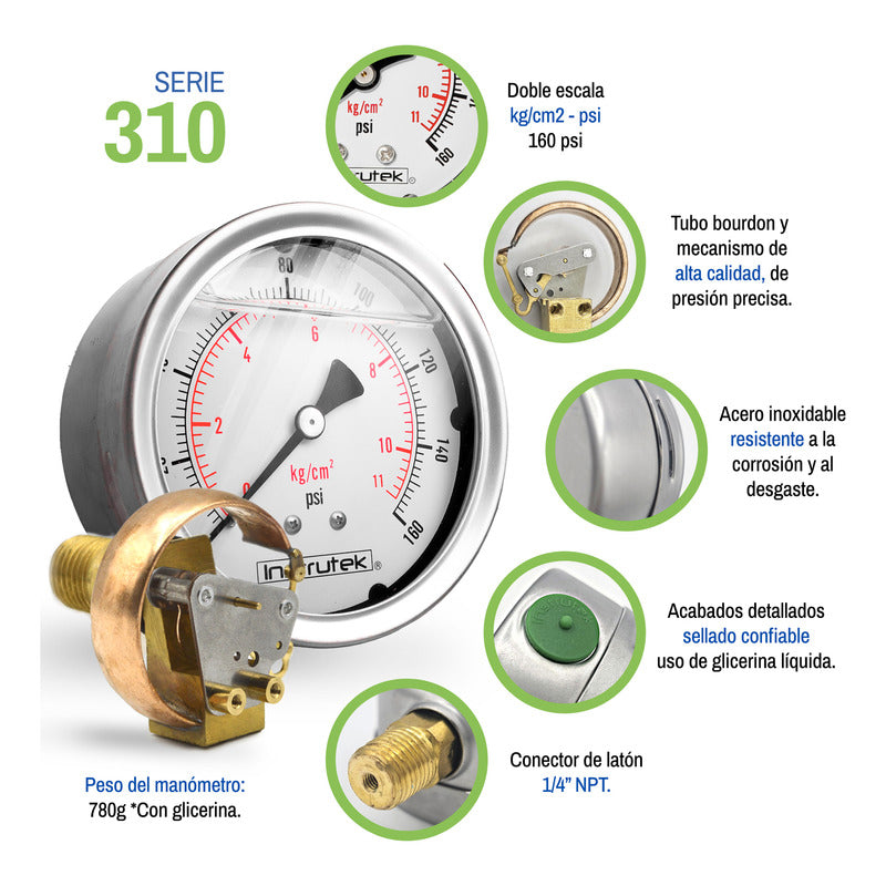 Manómetro Inox Glicerina 4 PLG, 160 Psi (aire, Agua)