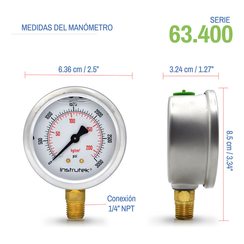 Manómetro Premium Alta Presión Glicerina 2.5 PLG, 3000 Psi