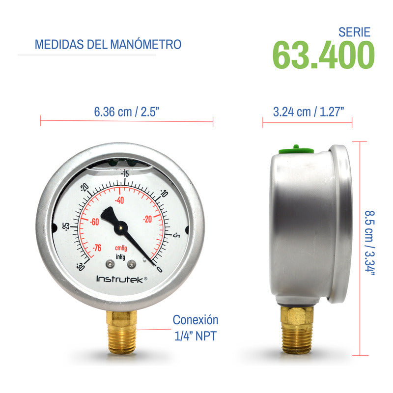 Vacuómetro Premium Glicerina 2.5 PLG, -30 Inhg (eq. Vacío)